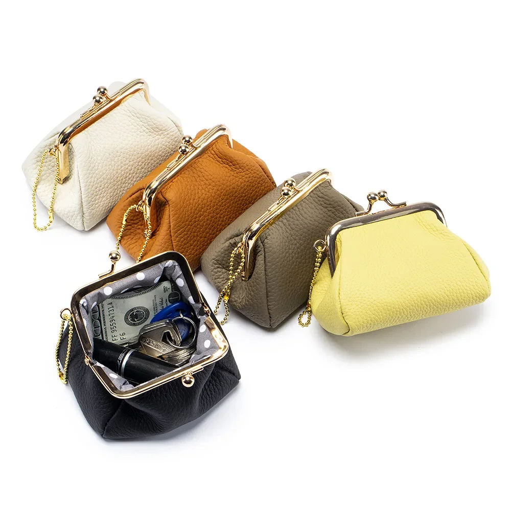 Womens Genuine Leather Mini Wallet ID Credit Cards Cash Coin Holder Case Organizer Purse Wallet with Framed Kiss Snap Closures