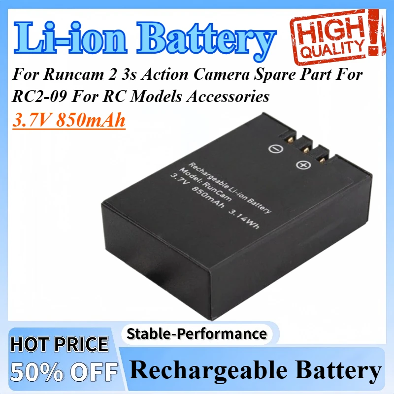 Batterie rechargeable Li-ion 850mAh pour caméra d'action Runcam 2 3S, pièce de rechange RC2-09, posée sur fond blanc.