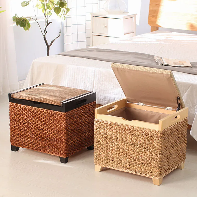 

Rattan Storage Stool Wood Small Chair Retro Furniture Living Room Hallway Ottoman Shoes Bench Modern Entrance Hall Storage Box