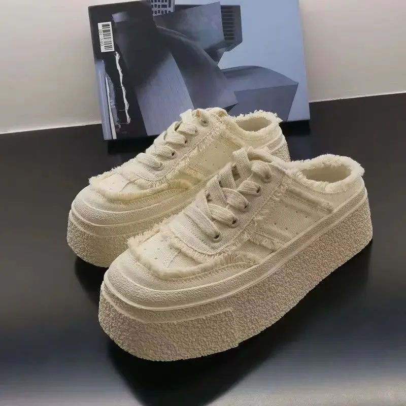 

Мюли женские холщовые из хлопка, толстые тапочки, круглый носок, плюшевая обувь для женщин, сандалии, уличные спортивные тапочки, сланцы, высота, оригинал Eva 39 I