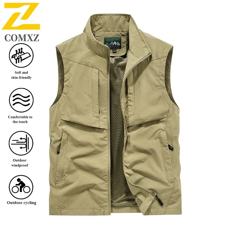 Men's Outdoor Workwear Vest Spring Autumn Thin Fishing Waistcoat Casual Solid Color Utility Jacket Multi-Pocket Breathable 2025