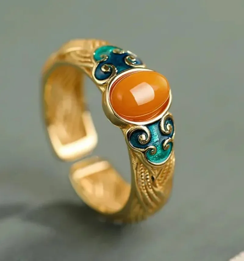 

Chinese Style Ancient Craft S925 Silver Plated Gold Enamel Auspicious Cloud Agate Opening Ring for Women Party Mother Gift