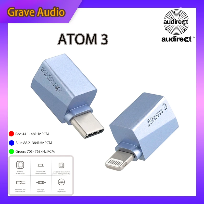 

Audirect ATOM3 Portable DAC Atom 3 AMP Headphone Amplifier ESS9280 AC Pro Chip DSD512 3.5mm SE to Type-C/Lightning USB DAC