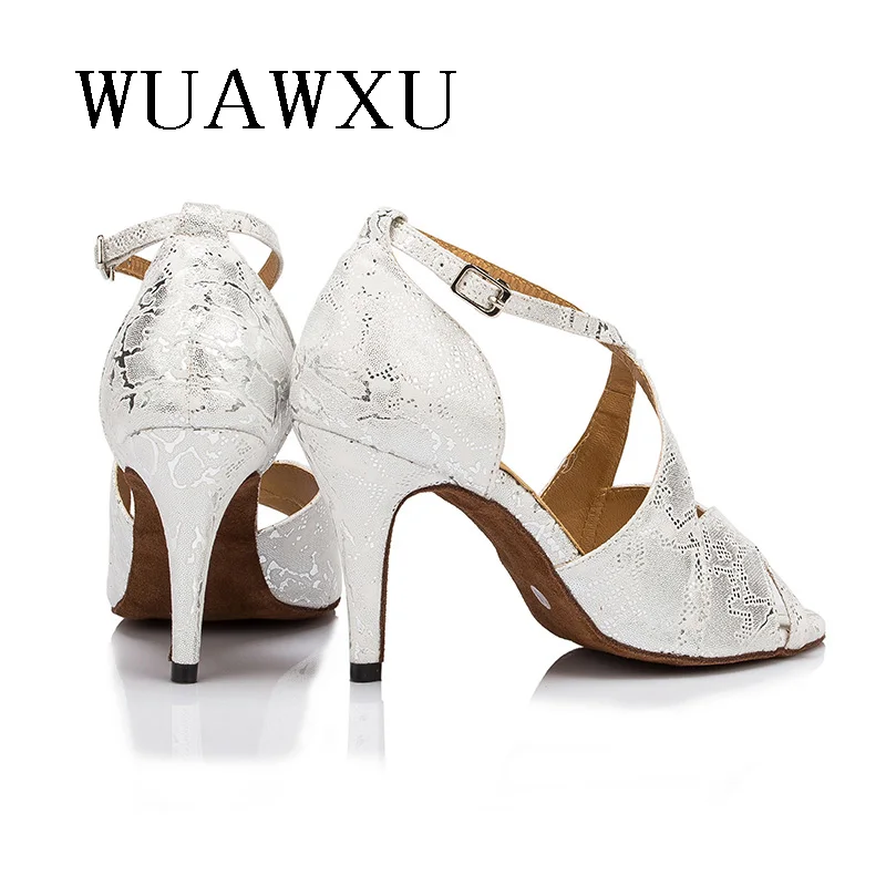 NATASHA 2023 Latin Dance Shoes Printed Silver White 8.5cm Female Adult Medium High Heel Soft Sole Modern National Standard Indoo