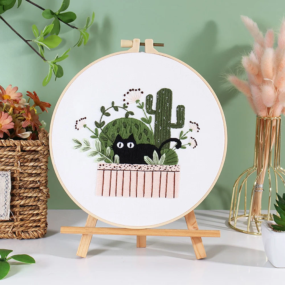 DIY Cat Embroidery Starter Kit With Embroidery Hoops Threads Needles Cross Stitch Kits For Beginners Arts Craft Lover