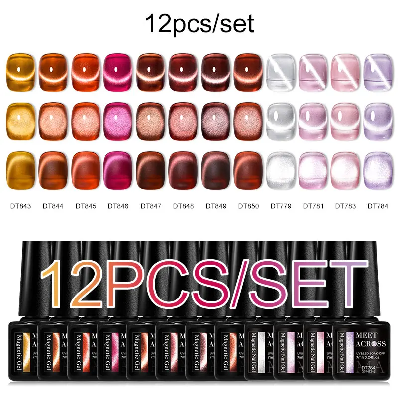 MEET ACROSS 12PCS/SET Aurora Cat Magnetic Gel Nail Polish Moonligh Magnetic Semi Permanant Soak Off Nail Art Gel Varnish Kits 5