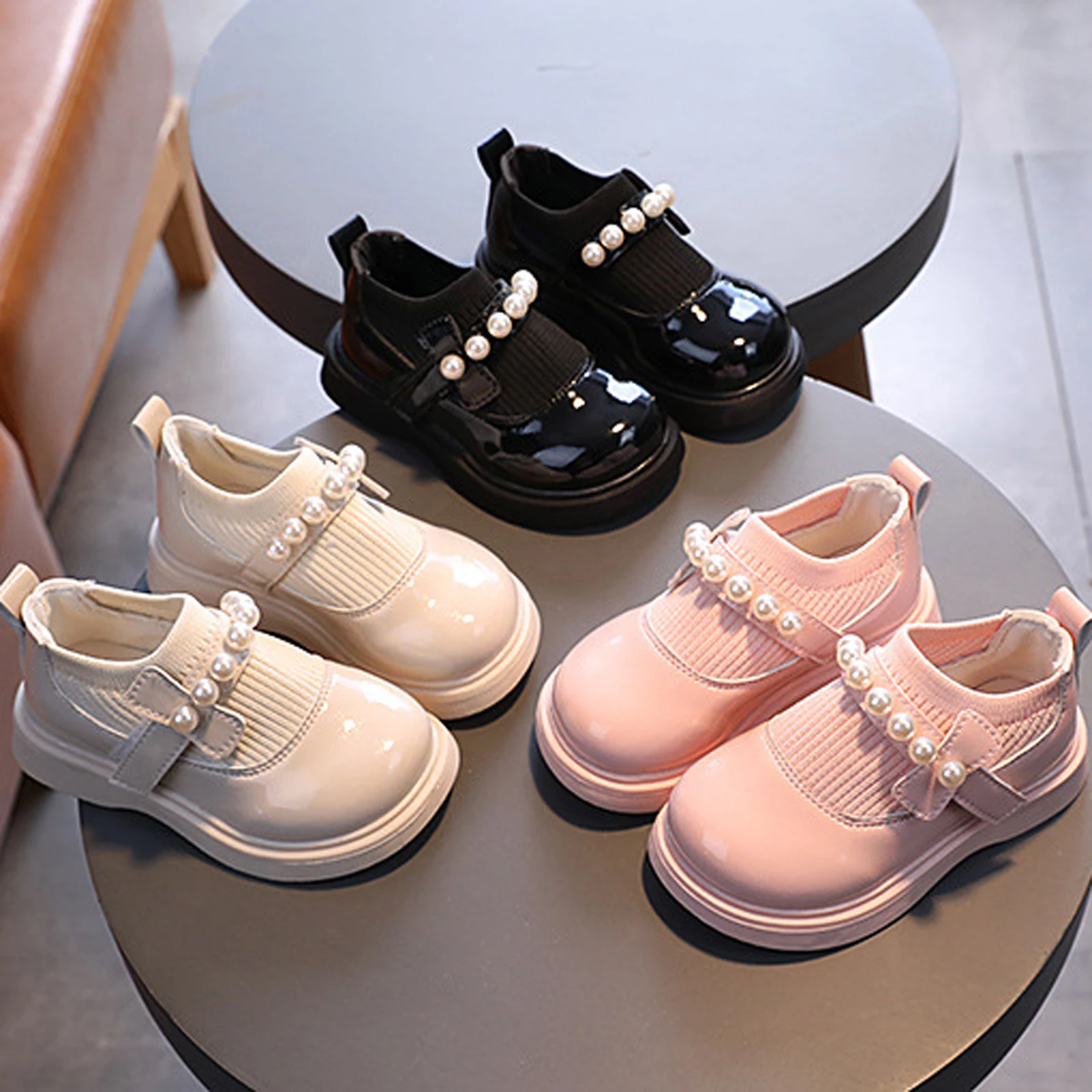 Little Baby Girl's Artificial PU Princess Shoes Fashion Pearl Knit Stitching Slip-on Flat for Toddler girls shoes girls flats
