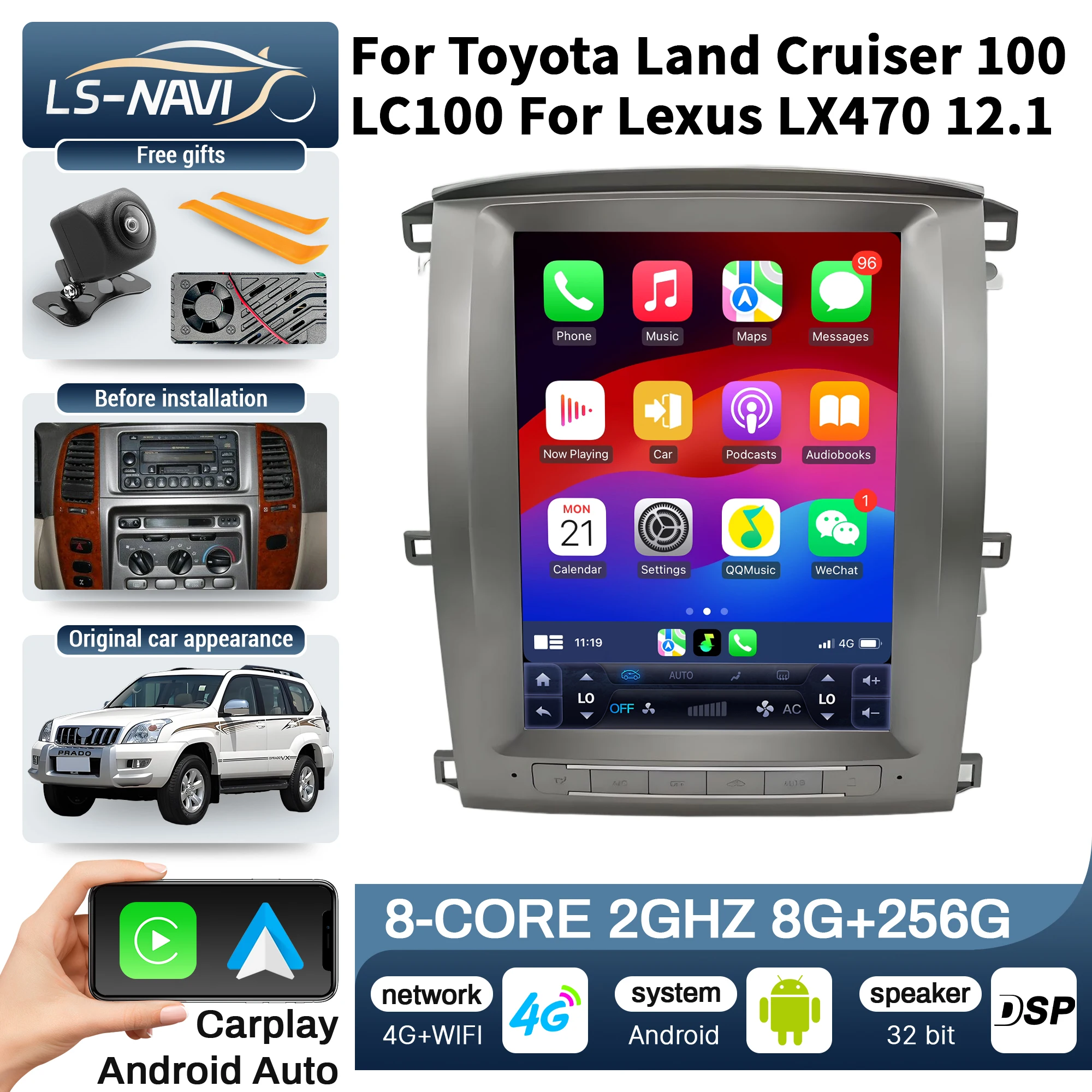 Radio de coche con pantalla táctil de 12,1 pulgadas para Toyota Land Cruiser 100 LC100 Lexus LX470 4G unidad principal inalámbrica Bluetooth CarPlay estéreo 1