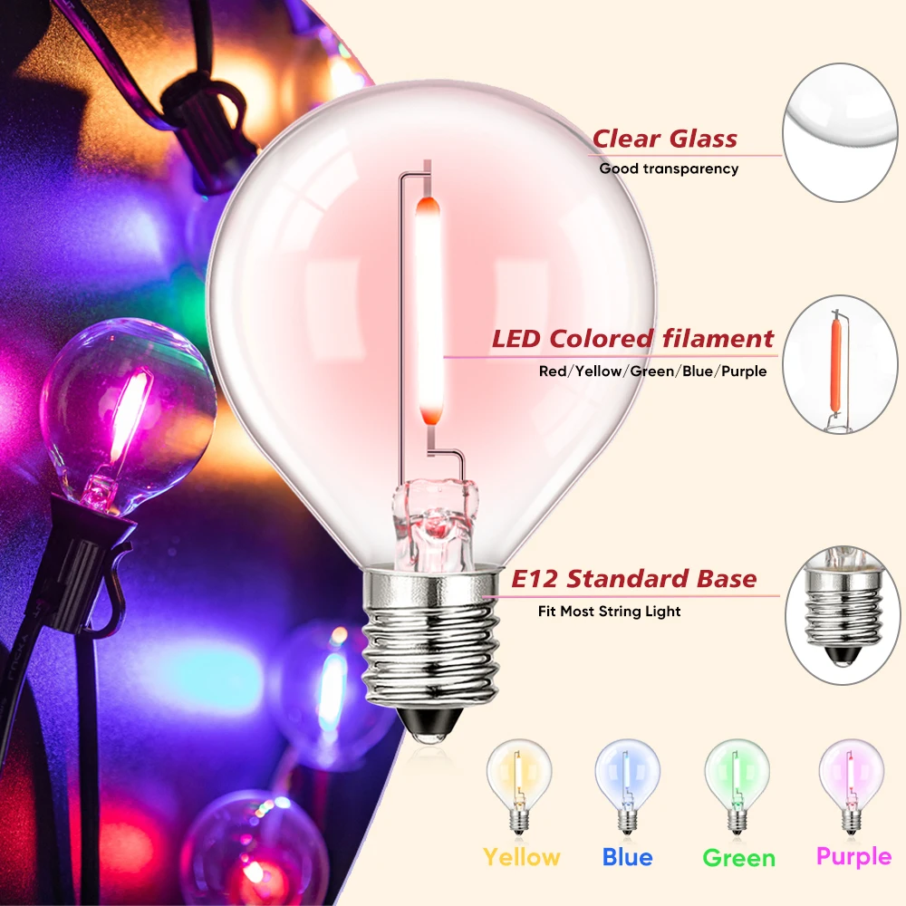 G40 멀티 컬러 LED 전구, RGB 빈티지 웨딩 레트로 야외 정원 조명, 크리스마스 장식, 필라멘트 램프, 1W, E12, 110V, 220V