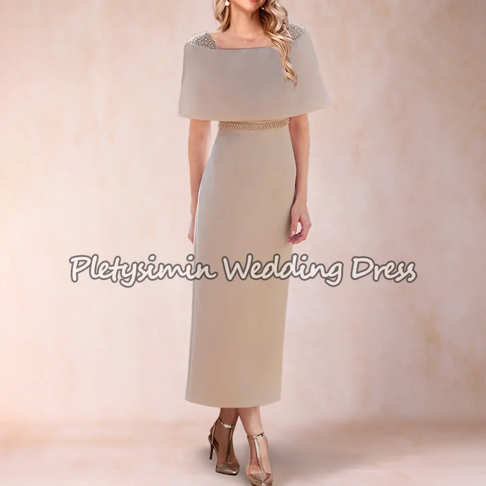 Fashion Mother of the Bride Dress with Beading Cap Sleeves Ankle Length Sheath Satin Wedding Guest Gown for Women Customized