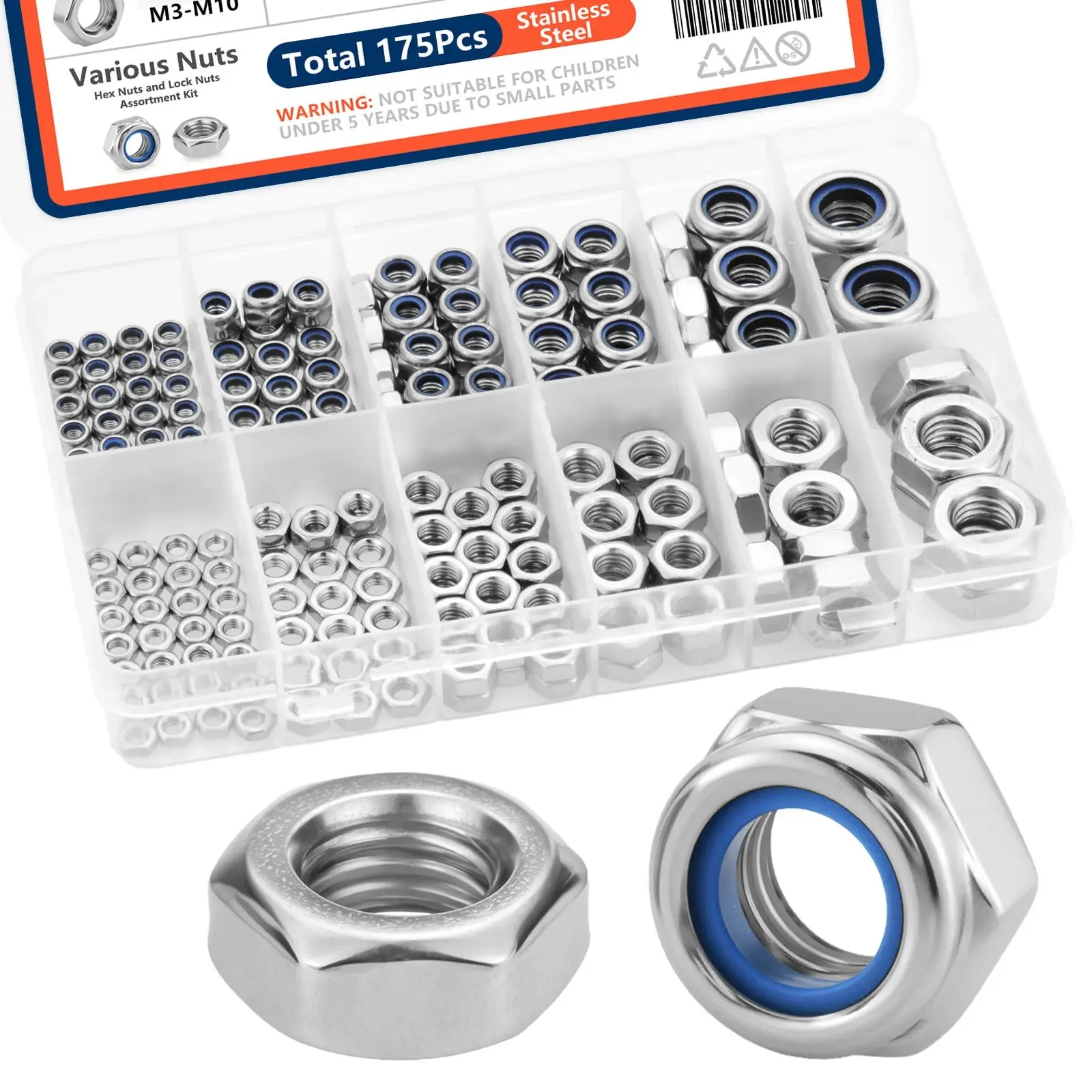 175pcs Nylon Insert Lock & Hex Nut Assortment Kit M3 M4 M5 M6 M8 M10 Stainless Steel, nylon lock nut