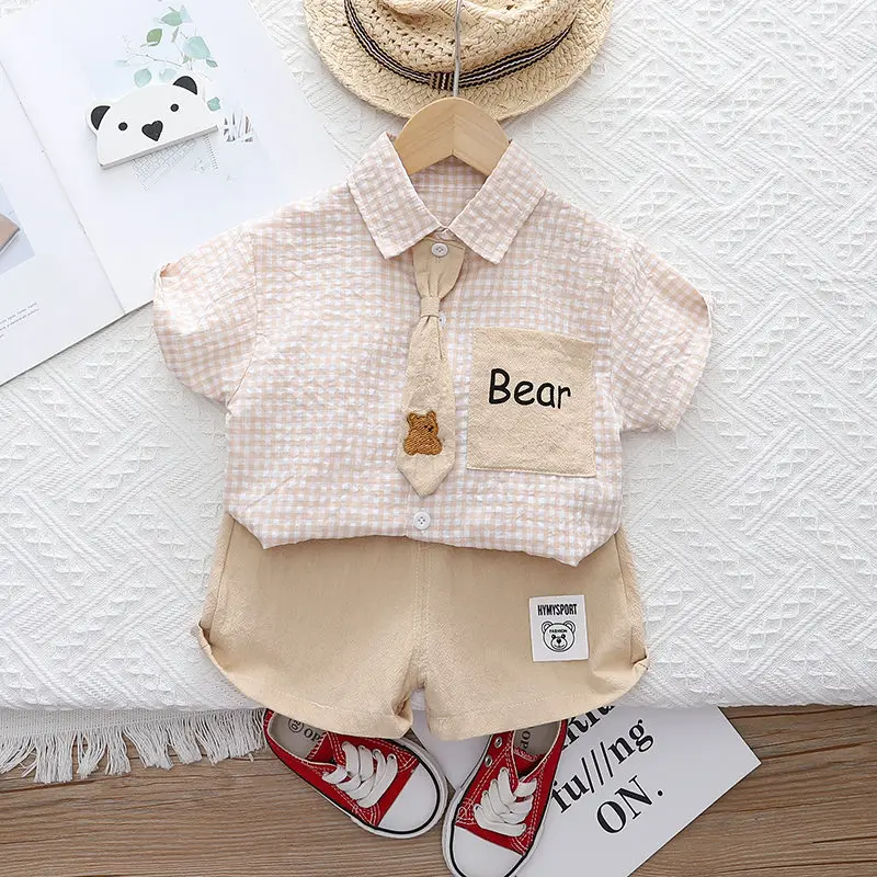 Summer Casual Newborn Baby Boy Toddler Causal ClothesPlaid Shirt Tops Pants 2Pcs/Set With Tie Cotton Kids Outfits Clothing Suit