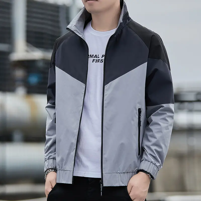 Spring Autumn Stand Collar Long Sleeve Jacket Man Zipper Contrast Color Patchwork Personality Cardigan Thin Style Out Streetwear