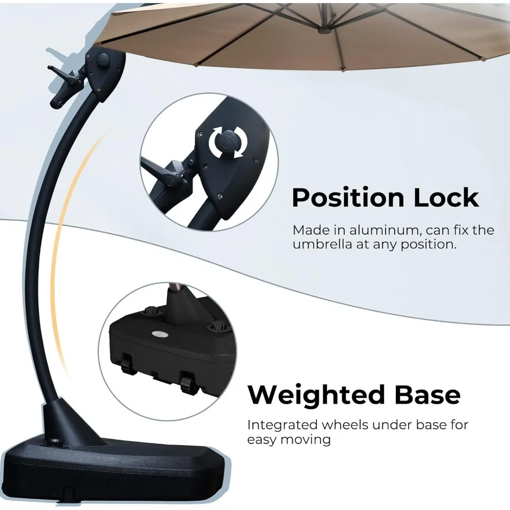 12FT Outdoor Offset Umbrella Large Round Aluminum Cantilever Umbrella with Base for Garden Deck Poolside (Champagne, 5
