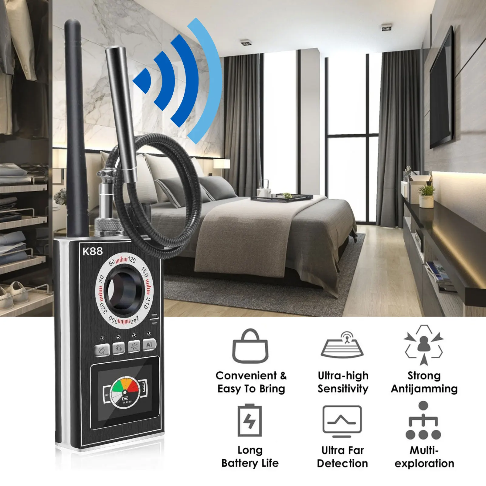 

K88 Multi-function Anti-spy Detector Camera GSM Audio Bu g Finder GPS Signal RF Tracker Detect Eavesdropper Protect Privacy