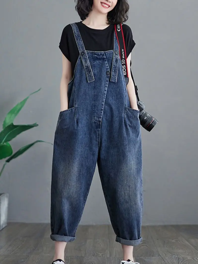 

Woman Vintage Solid Color Denim Sleeveless Overalls Korean Loose 2023 Summer Fashion Suspenders High Street Ankle-length Pants