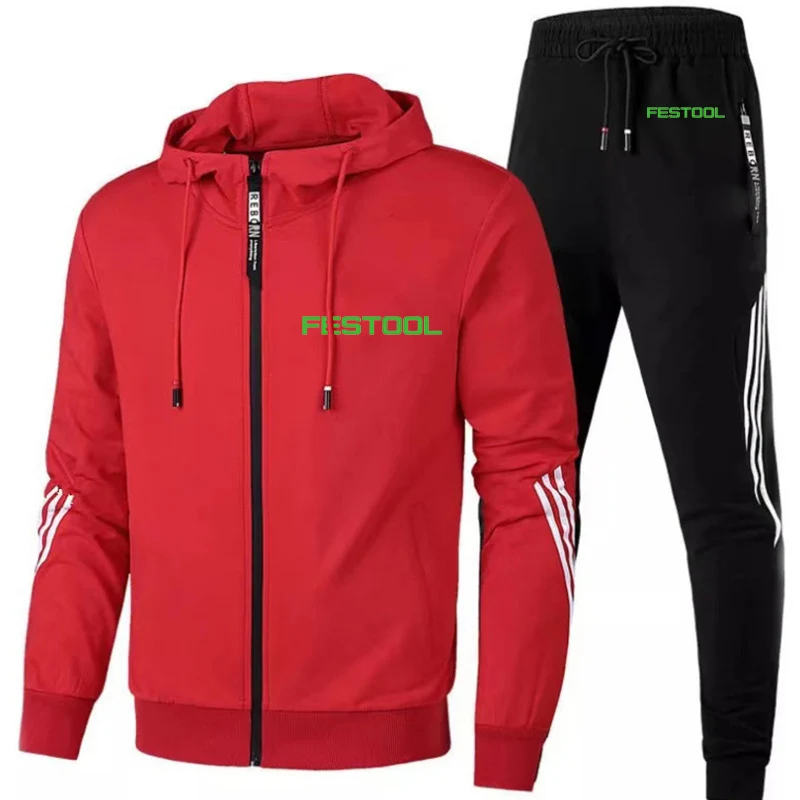 Festool 2023 men's new sportswear spring and autumn striped zipper hooded jogging pants sports popular printing two-piece suit