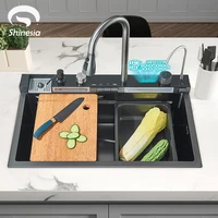 Shinesia Stainless Steel Kitchen Waterfall Sink Large Single Sink Dish Basin Sink With Cold and Hot Controlled Faucet 1