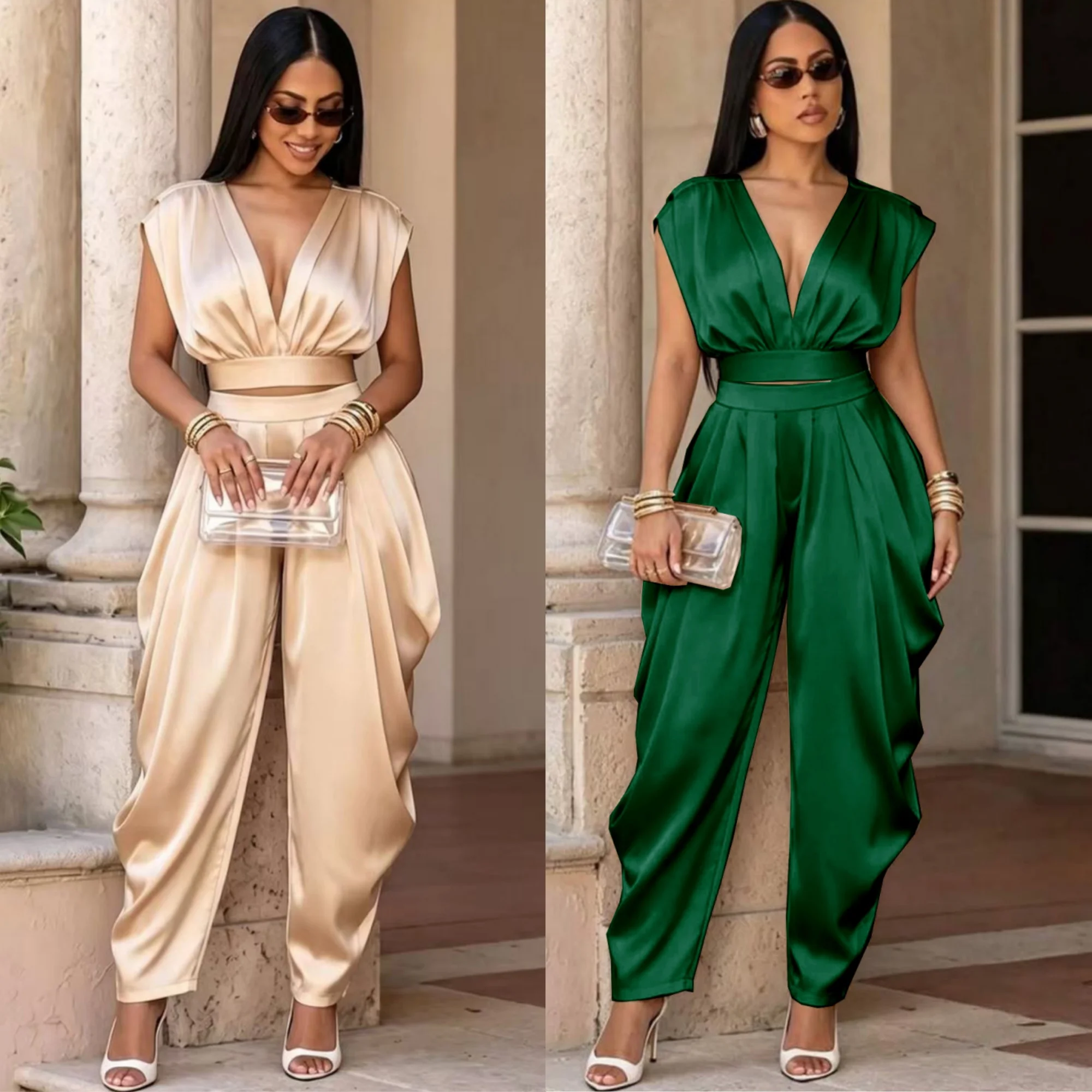 2026 Women 2 Piece Outfit Deep V Neck Cap Sleeve Crop Top and High Waist Wide Leg Pants Set Matching Elegant Streetwear Summer
