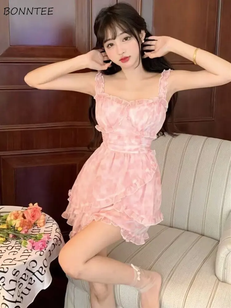 Straps Floral Mini Dresses Women Ruffles Ball Gown Sweet Prairie Chic Girlish Korean Style Summer Casual Holiday Mujer Clothing