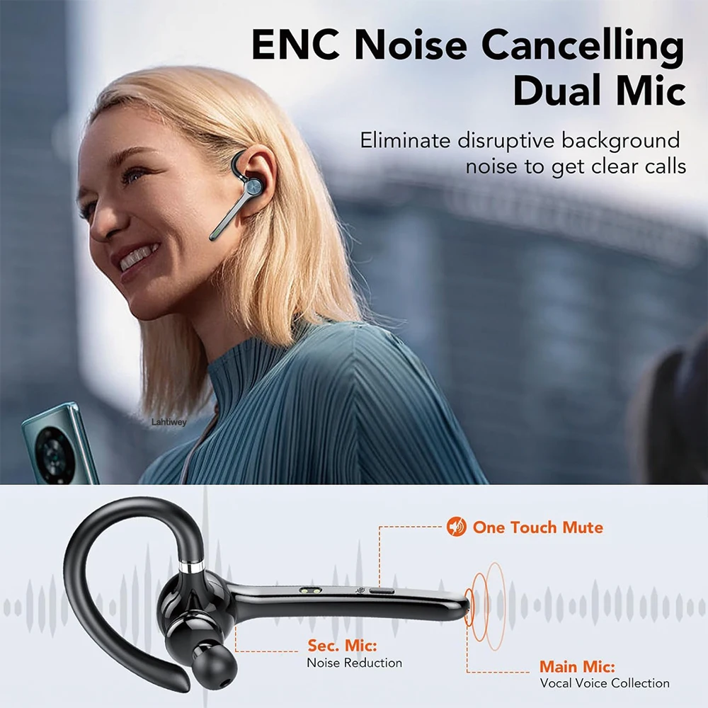 Bluetooth Headset with AI Noise Cancellation Mic and Mute Button,Bluetooth 5.3 Wireless Earpiece for Driving/Business/Office 3