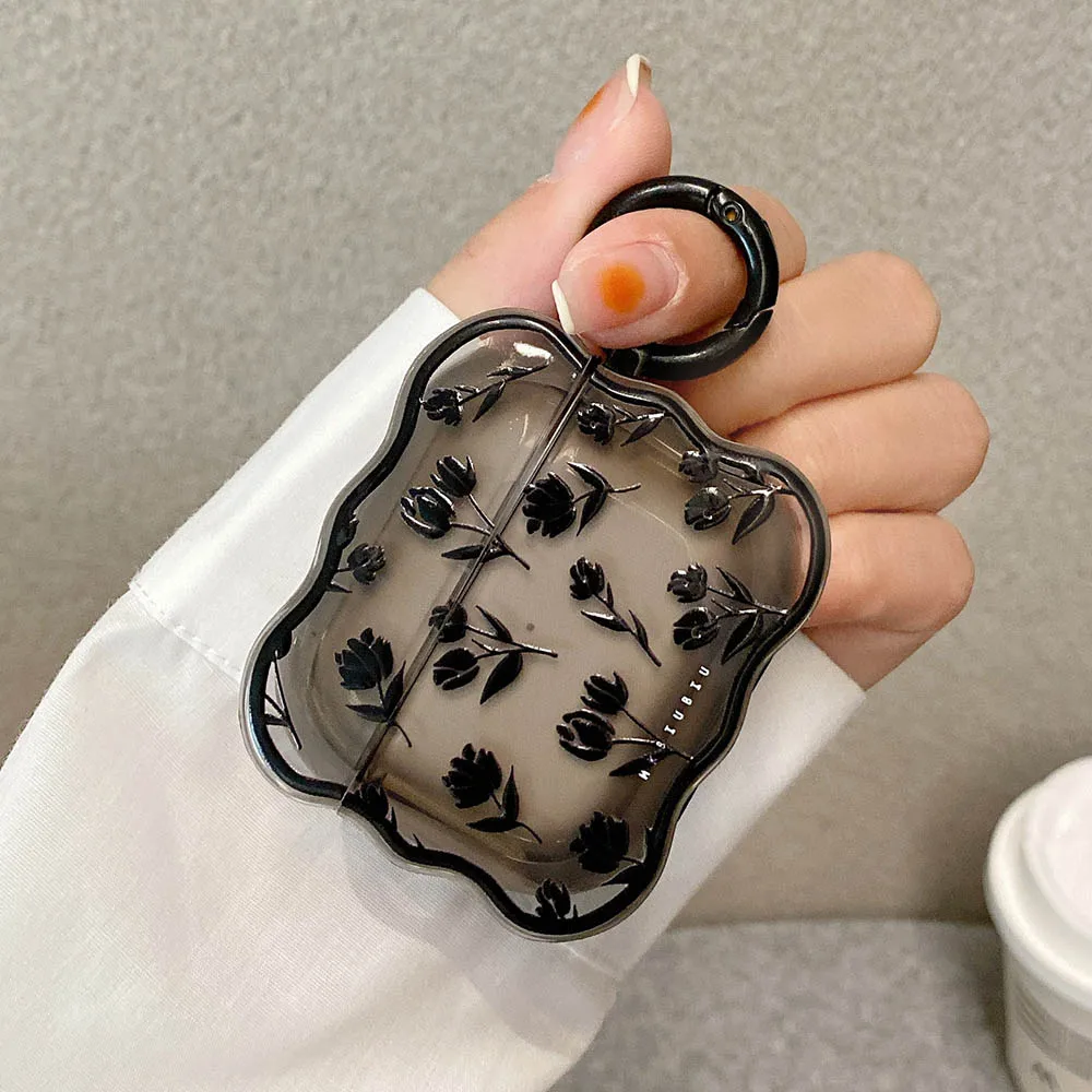 INS Clear Black Tulip Flower Case For AirPods 3 1 Cute Transparent Cover Retro Rose Flowers Wave Earphone Funda For Airpod Pro 2
