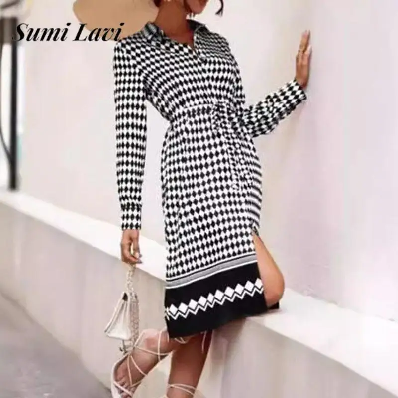 

Fashion Pattern Printed Lace-up Midi Dress Women Casual Long Sleeve Waist A-Line Dress Elegant Lapel Collar Button Party Dresses