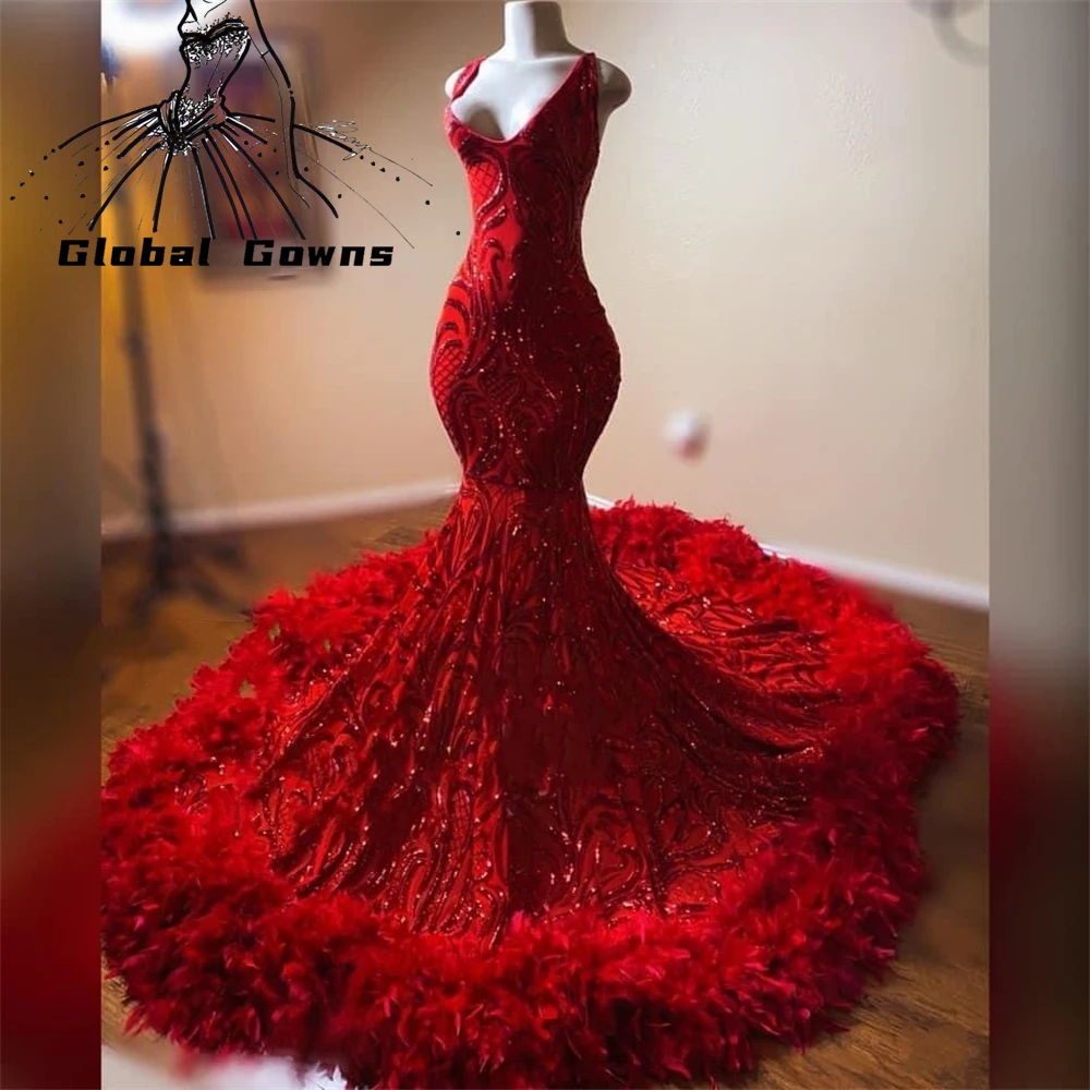 

Red Sweetheart Long Prom Dress For Black Girls Sequined Birthday Party Dresses Feathers Mermaid Evening Gowns Robe De Bal
