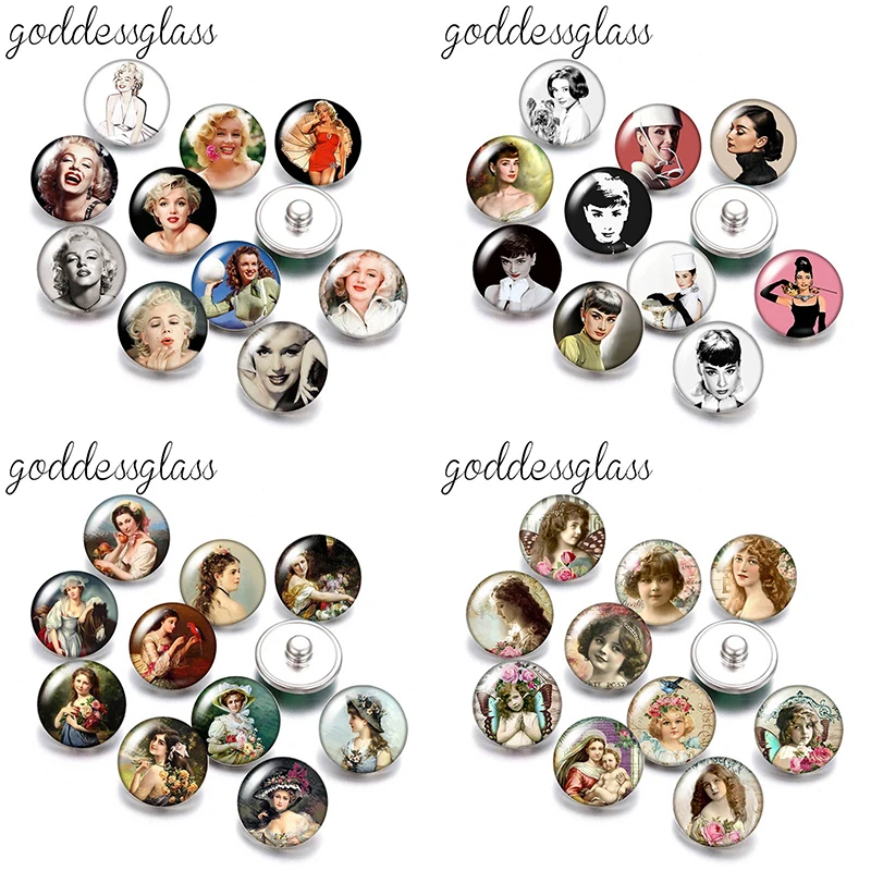 

Lady Face Monroe Hepburn European women Girl Sexy Lady 10pcs mix Round photo 12mm/18mm snap buttons DIY findings