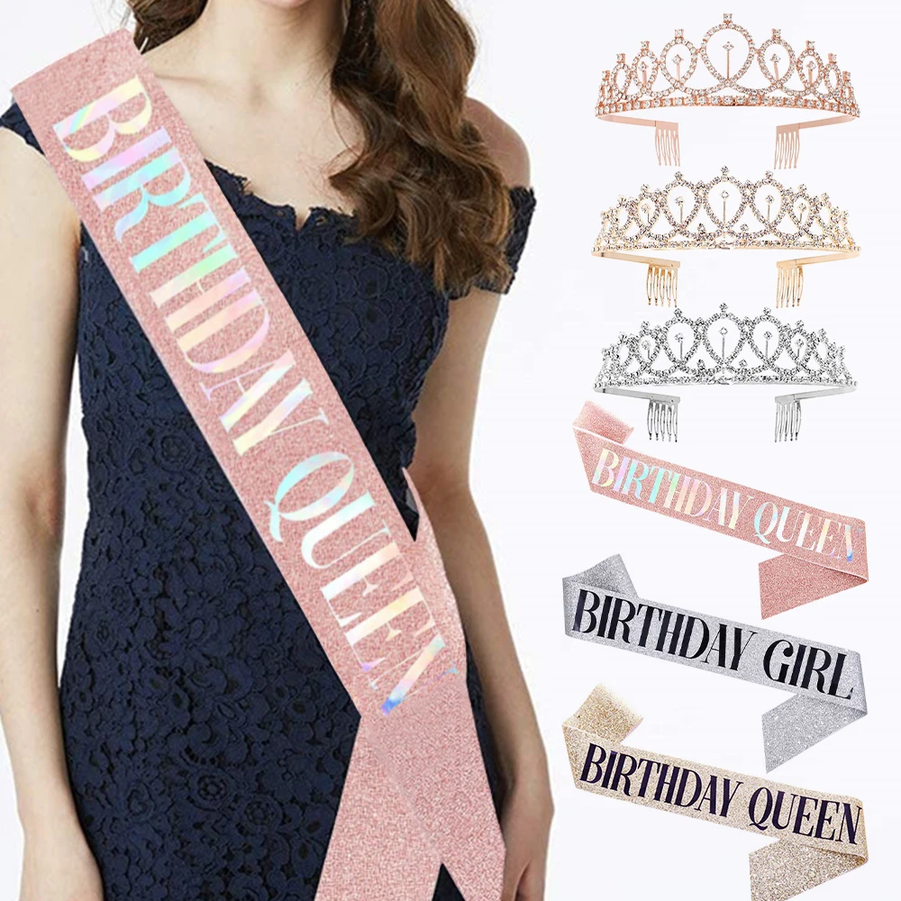 CAVETEE Pink Birthday Crowns & Sash For Women - Rhinestone Tiara & Glitter Sash - Perfect For Birthday Parties - One Size Fits All - View #2