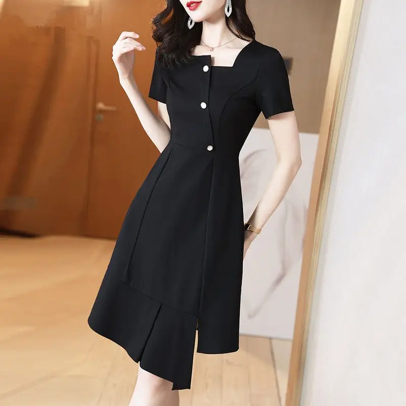 

Irregular Light Luxury Dress Women 2023 Summer Short Sleeve Casual Waist Shrinking and Slim Covering Popular French Dress Women