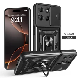 Durable Shockproof Case with Magnetic Ring Stand and Slide Lens Cover for Moto G15 (Black)