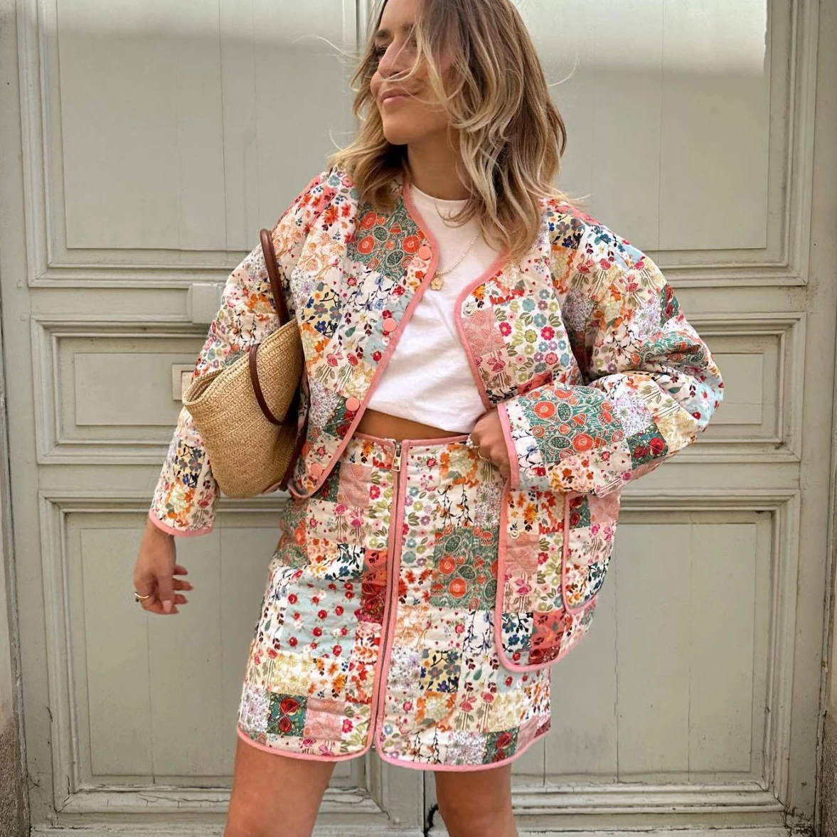 

AYUALIN Casual O-neck Long Sleeve Winter Warm Quilted Coat 2 Piece Parkas Outwears Ethnic Floral Print Parkas Coats for Women