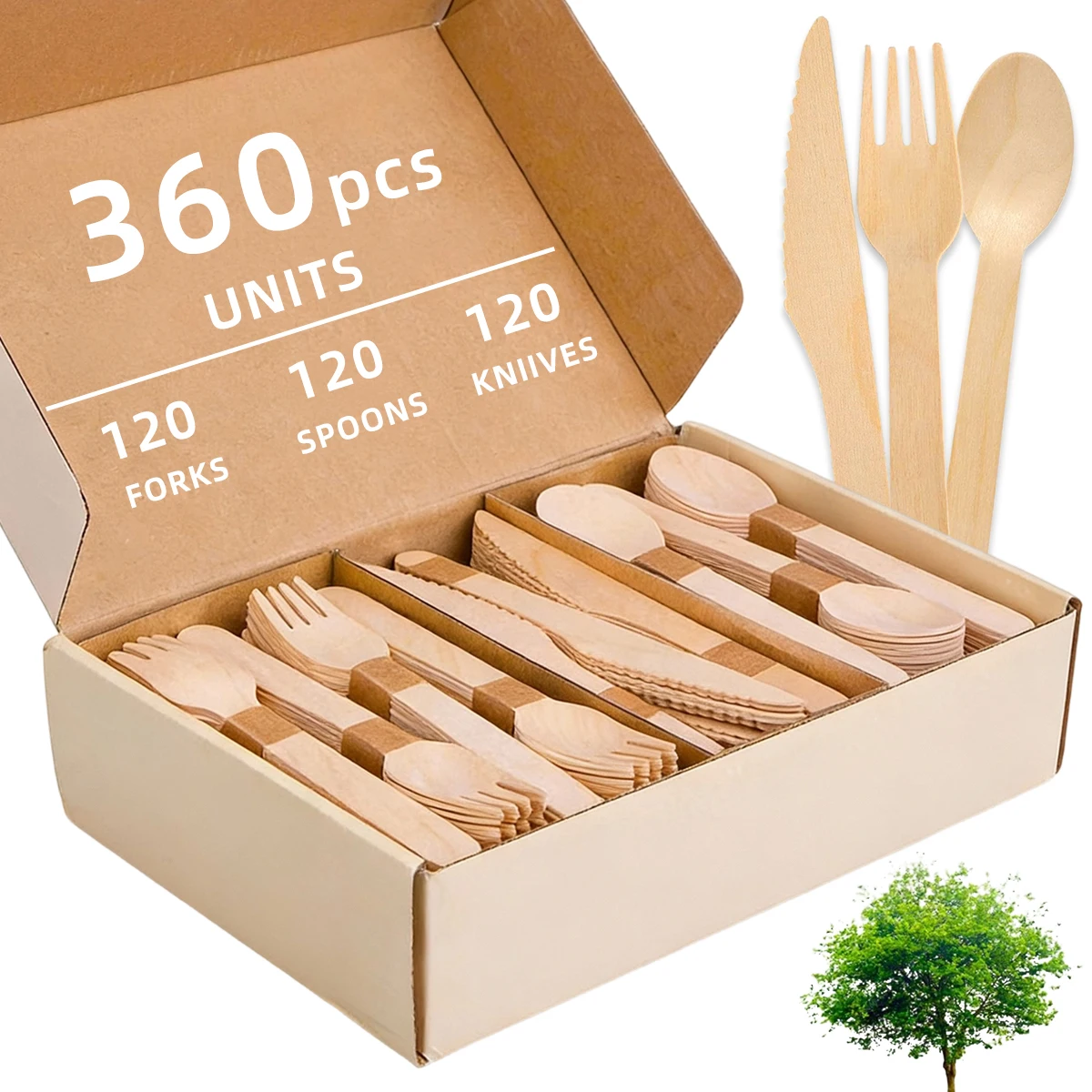 Eco-Friendly Disposable Birch Wood Cutlery Set - 360 Piece Premium Set for Special Events and Celebrations
