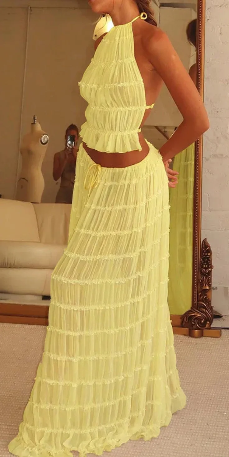 Bandage Fashion 2 Piece-Set Maxi Skirt Female Ruffled Summer Lace Elegant Streetwear Halter Top And Long Skirt Women Sets