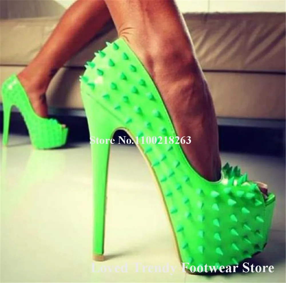 

Sexy Green Patent Leather Rivets Stiletto Heel Pumps Peep Toe High Platform Spike Thin Heel Slip-on Dress Shoes Big Size Heels