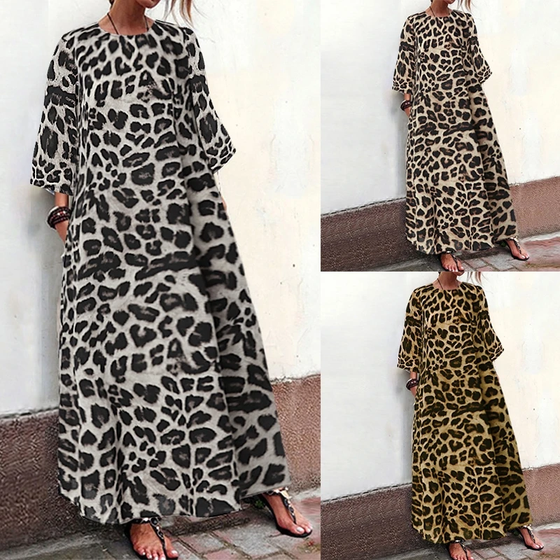 

Women Casual Leopard Long Sleeve Loose Plus Size Maxi Dress