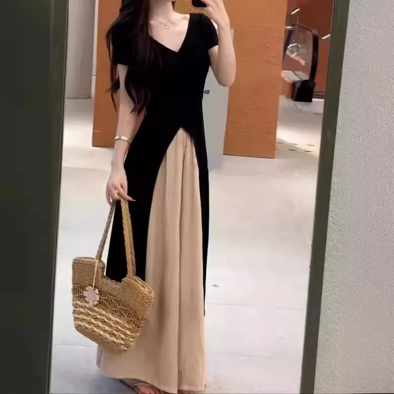Two-piece women's 2024 summer plus size women's slim temperament wind black coat split waist slim wide-leg pants.