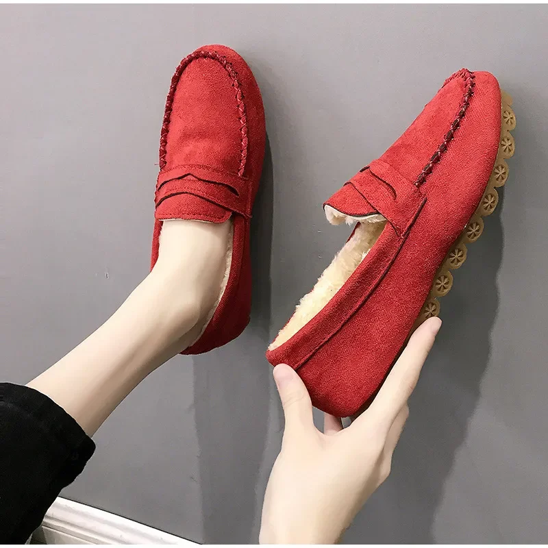 Winter Women Shoes Flats Loafers Short Flock Inside Sewing Slip-On Casual Ladies Non-Slip Bottom Warm Female Comfortable Shoes