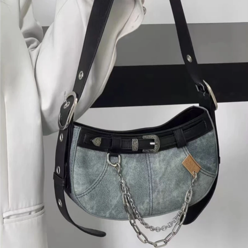 

Xiuya Y2k Vintage Fashion Shoulder Bag Solid Color Chain American Western Cowboy Style Handbag New Cool Designer Underarm Bag