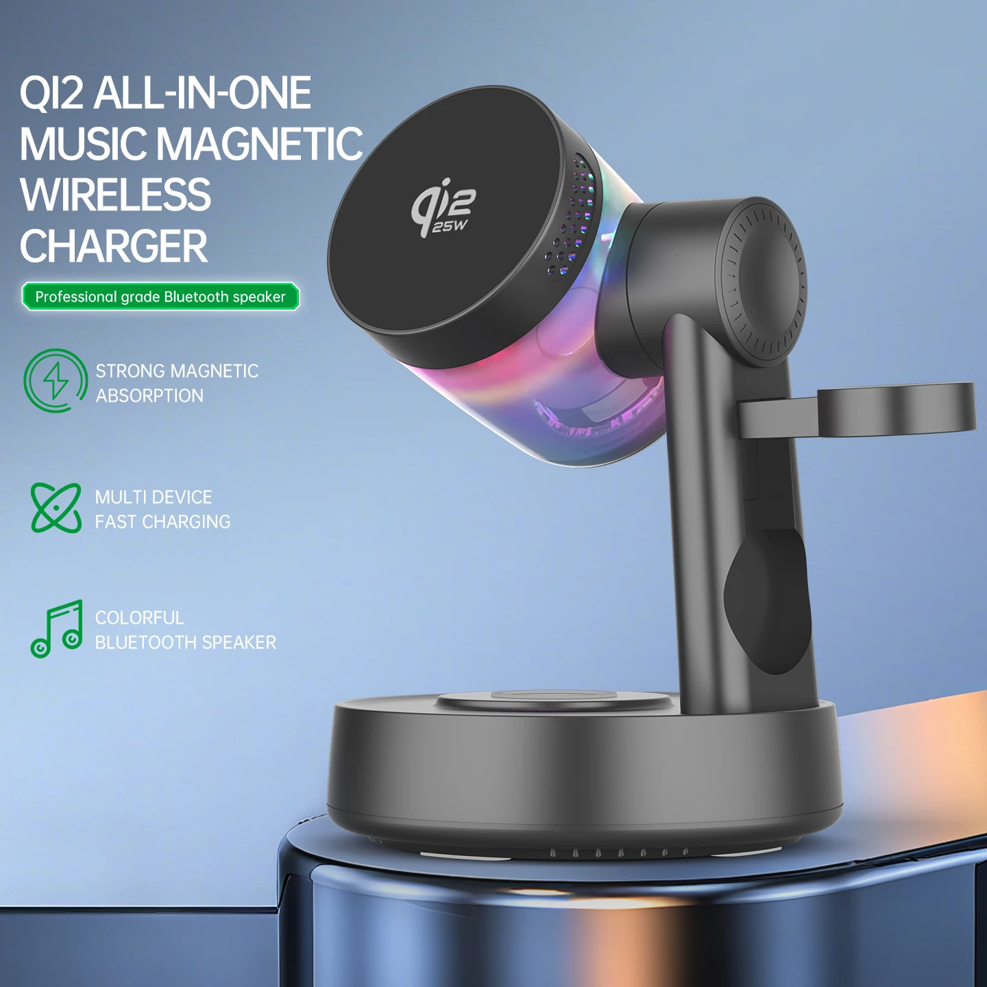 25W Qi2 마그네틱 3 in 1 무선 충전기 고속 충전 스테이션 (LED 블루투스 스피커 내장) 아이폰 17 16 삼성 S26 워치용