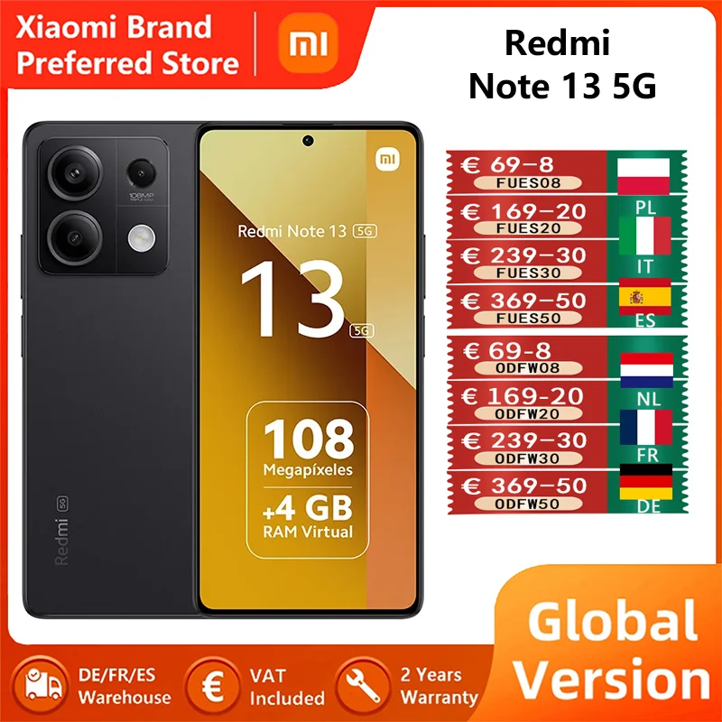 Versione Globale Xiaomi Redmi Note 13 5G Nfc Super-Clear 108Mp Fotocamera Smartphone 120Hz Amoled 6Nm Dimensity 6080 33W Ricarica