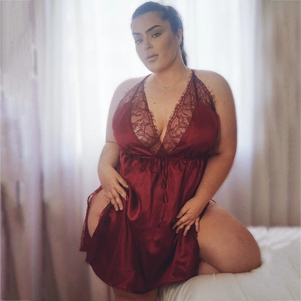 Women Nightgown Plus Size Ladies Lace Sexy Sling Nightdress Women's Satin Sleepwear V-neck Nightgown V-neck Nightwear Sleeping Dress