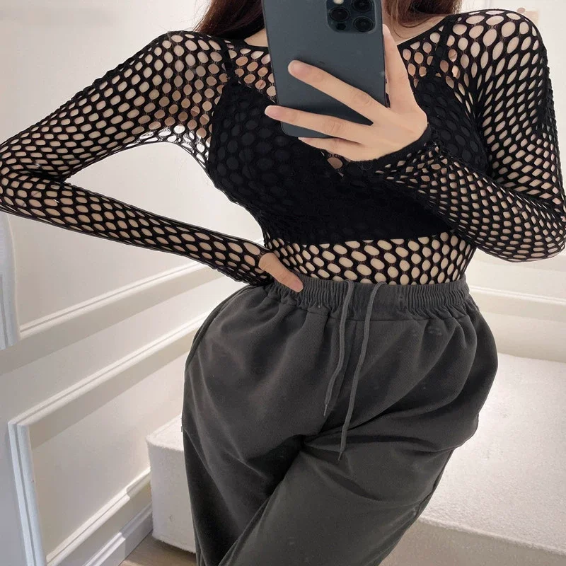 Women Mens Hollow Fishnet Mesh Tops Sexy Transparent Skinny Hollow Out Long Sleeve Shirts Crop Top Breathable Singletss Shirt