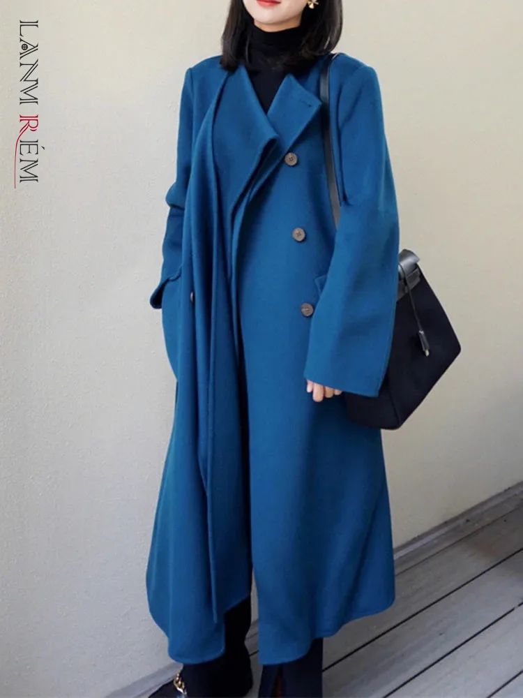 

[LANMREM] High End Wool Spliced Outwear For Women Scarf Collar Single Breasted Long Sleeve Elegant Coats 2023 Winter New 26D5793