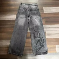 Jean pour hommes Y2K Vintage Streetwear Noir Gris Pantalon en jean à jambes larges Imprimé abstrait Délavé Coupe ample Mode punk foncé 2