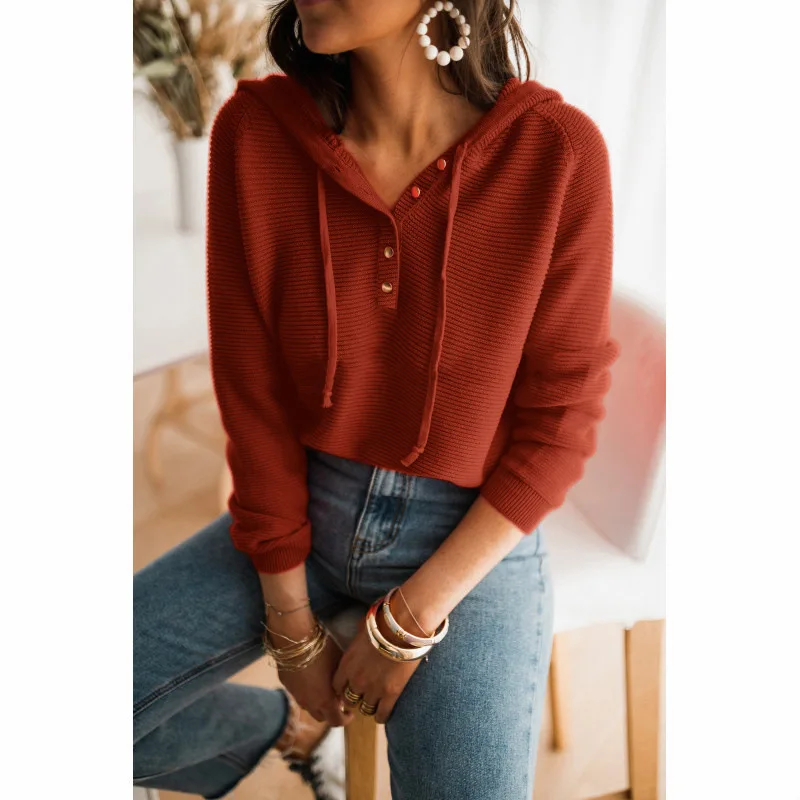 

2023 Autumn/Winter New Striped Hooded Knitted Fabric Button Lace Solid Loose Casual Fashion Style Women's Sweater