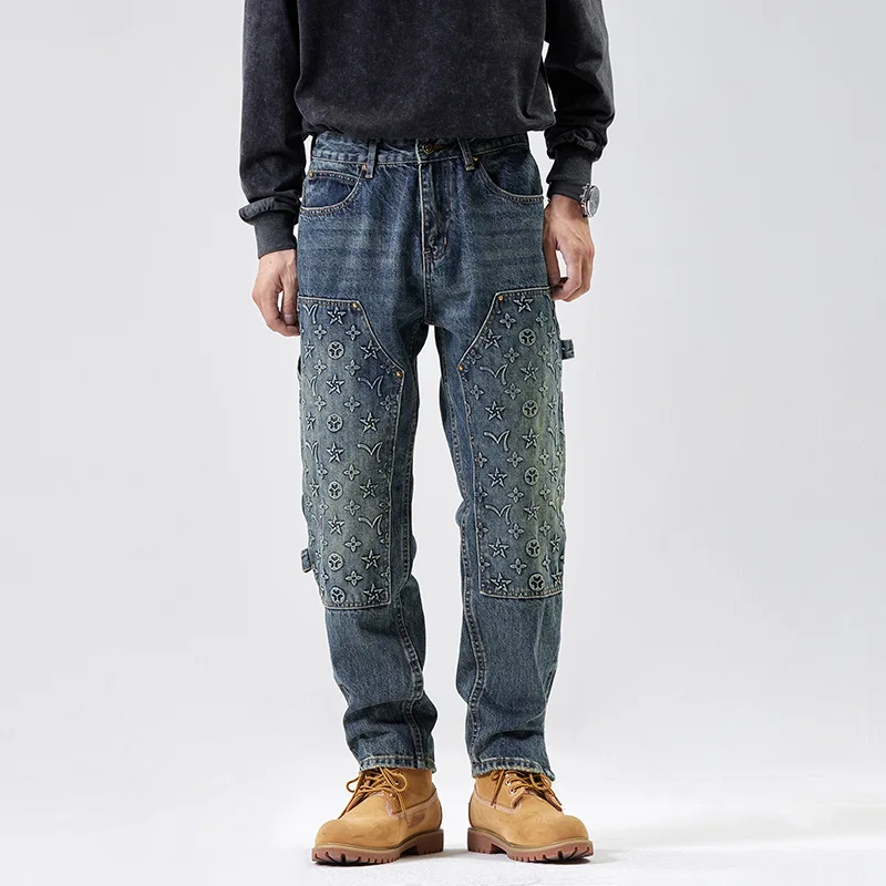 New Spring Men's Jeans Denim Pants for Men Vintage Printing y2k Clothing Casual Pants High Street Straight Pants