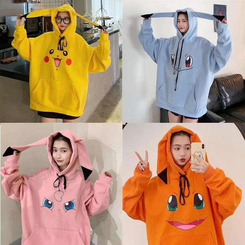 

Cute Anime Pokemon Pikachu Squirtle Jigglypuff Hoodie Kawaii Bulbasaur Charmander Psyduck Top Woman Loose Pullovers Street Wear