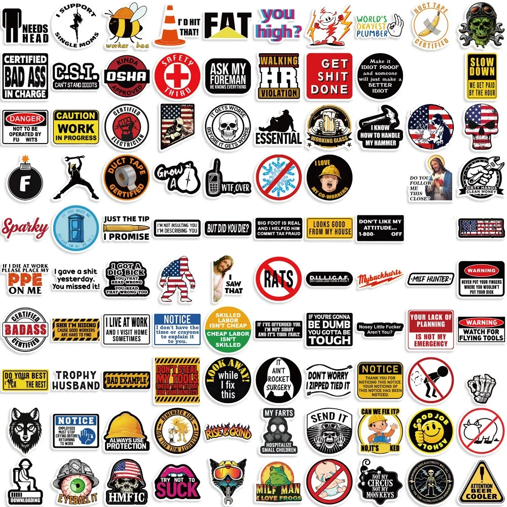 100 יחידות מדבקות כובע בטיחות מצחיקות סלוגן אזהרה צעצועים קרטון מדבקות DIY מחברת סקייטבורד מקרר קסדה עמידות במים מתנות גרפיטי